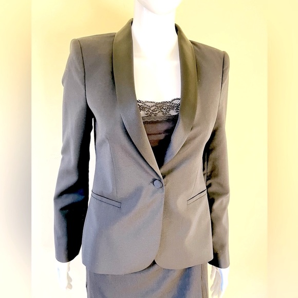 Zara black tuxedo style 100% fine wool blazer shiny black satin collar US Small - Picture 6 of 16